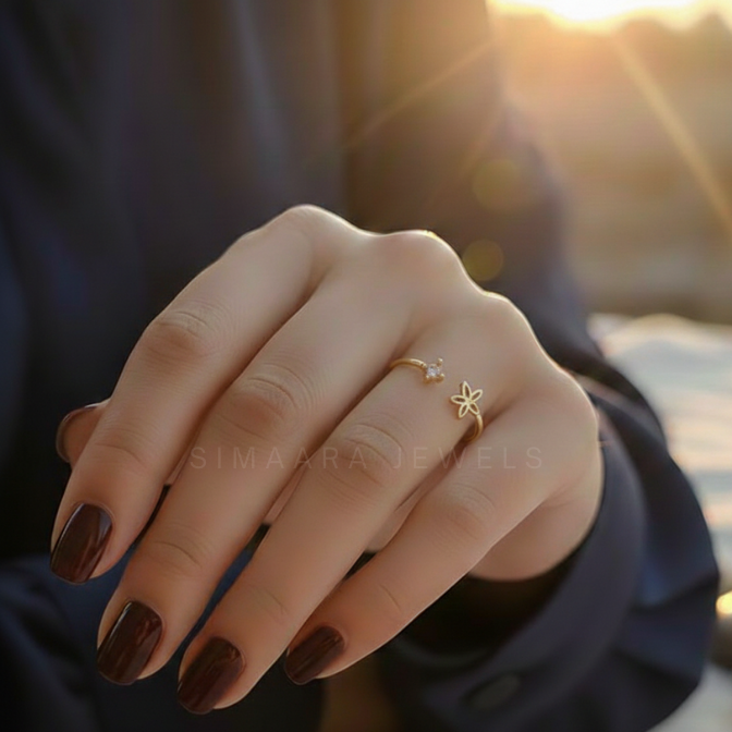 Hand wearing a gold ring with a blurred sunset background