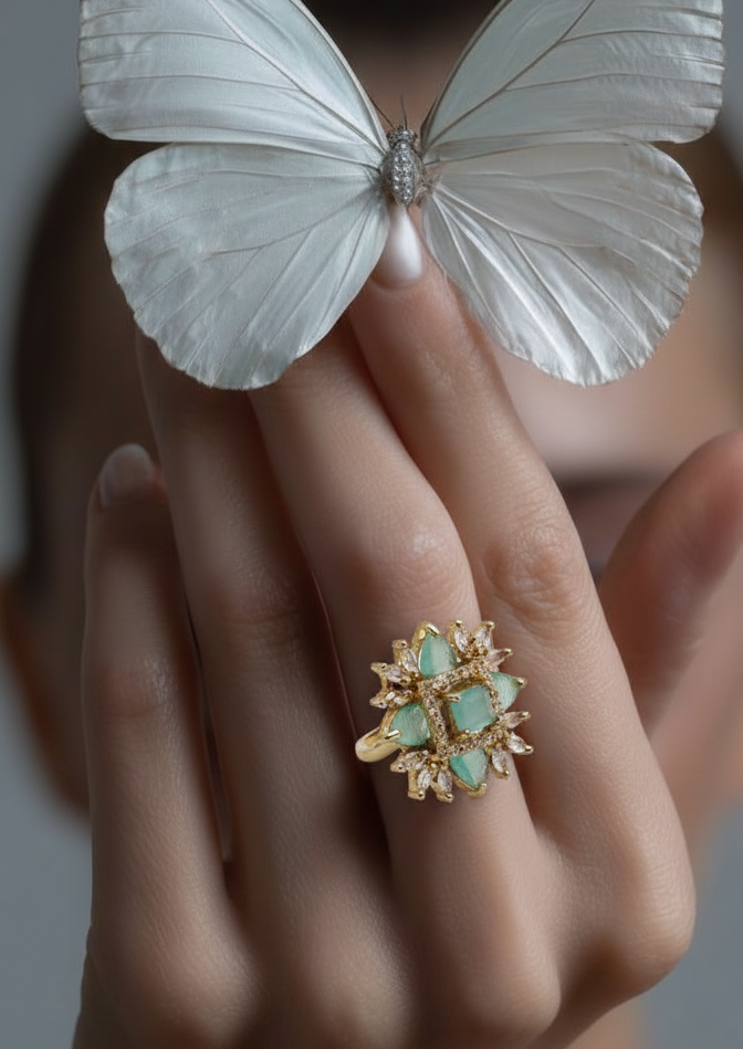 Emerald Petal Square Ring