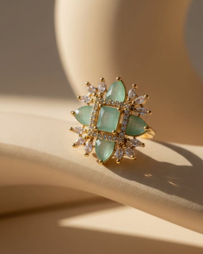Gold ring with green gemstones on a beige background