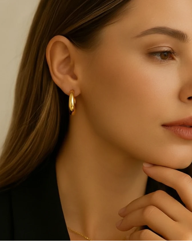Close-up of a woman wearing gold hoop earrings with a neutral background