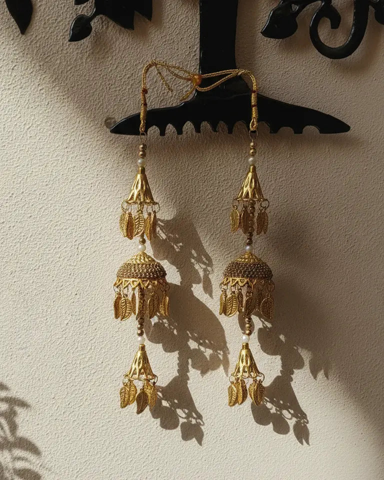 Gold earrings hanging on a black hanger against a beige wall.