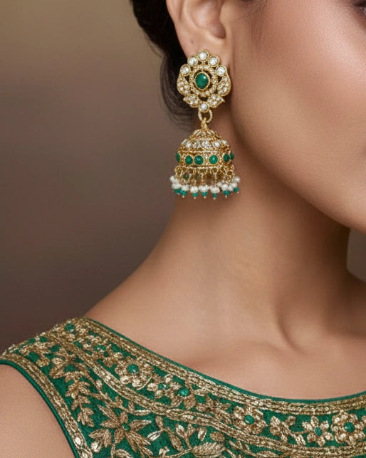Vintage Green-Golden Jhumkas with Green beads and Pearls