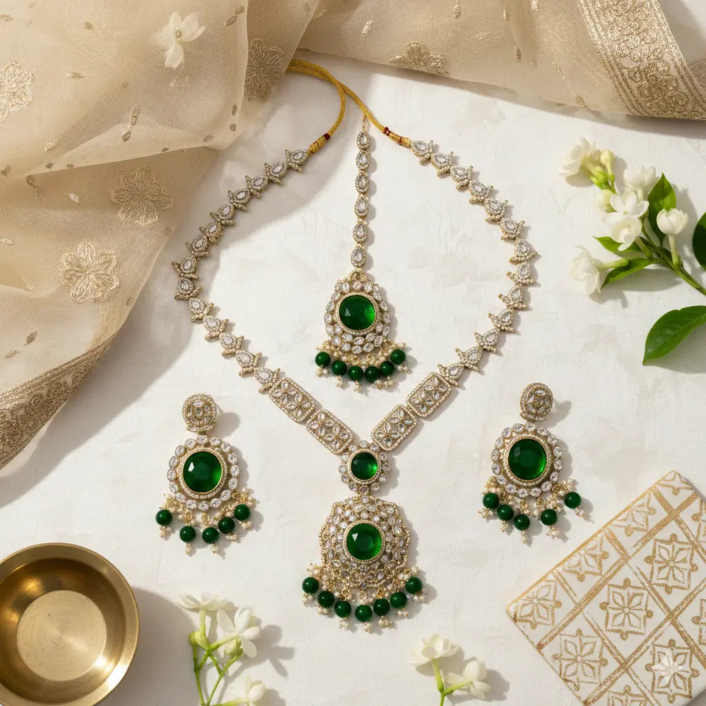 Ornate necklace and earrings with green gemstones on a decorative fabric background