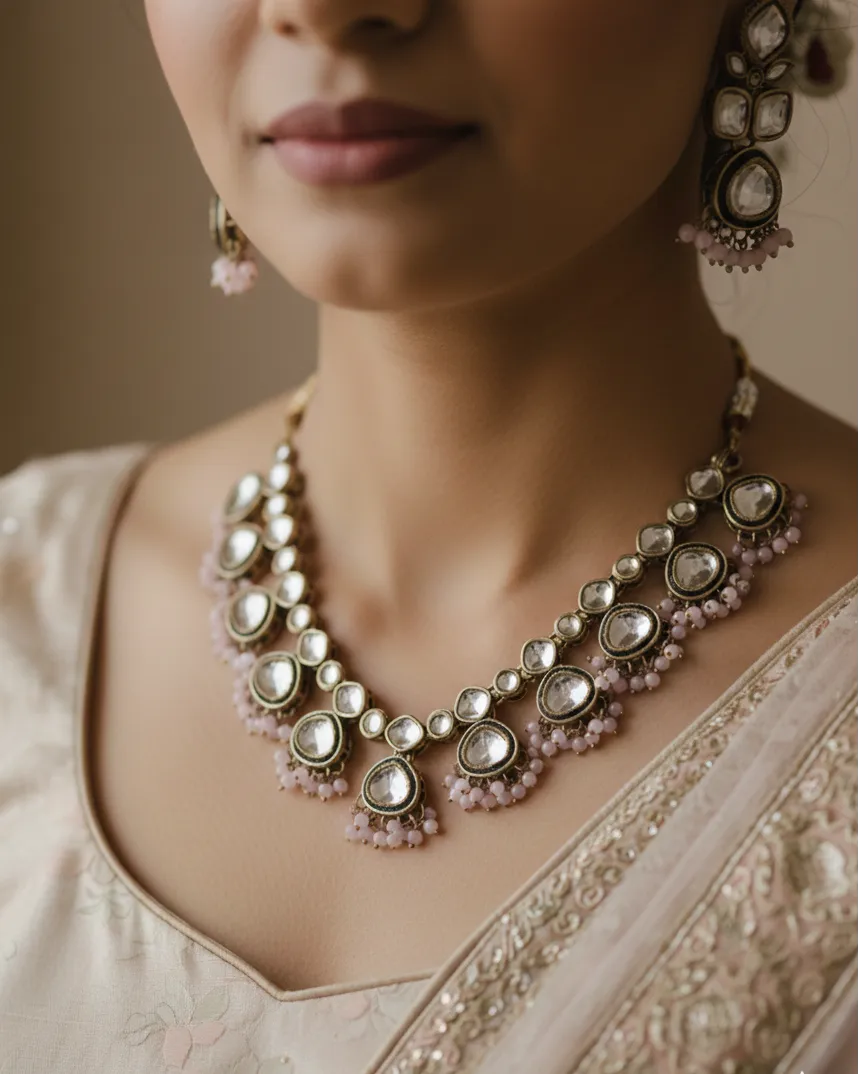 Close-up of a person wearing an ornate necklace and earrings.