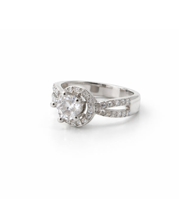 Round Halo Split-Shank Ring on a white background