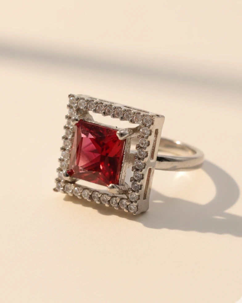 Ruby Square-Cut Diamond Halo Ring