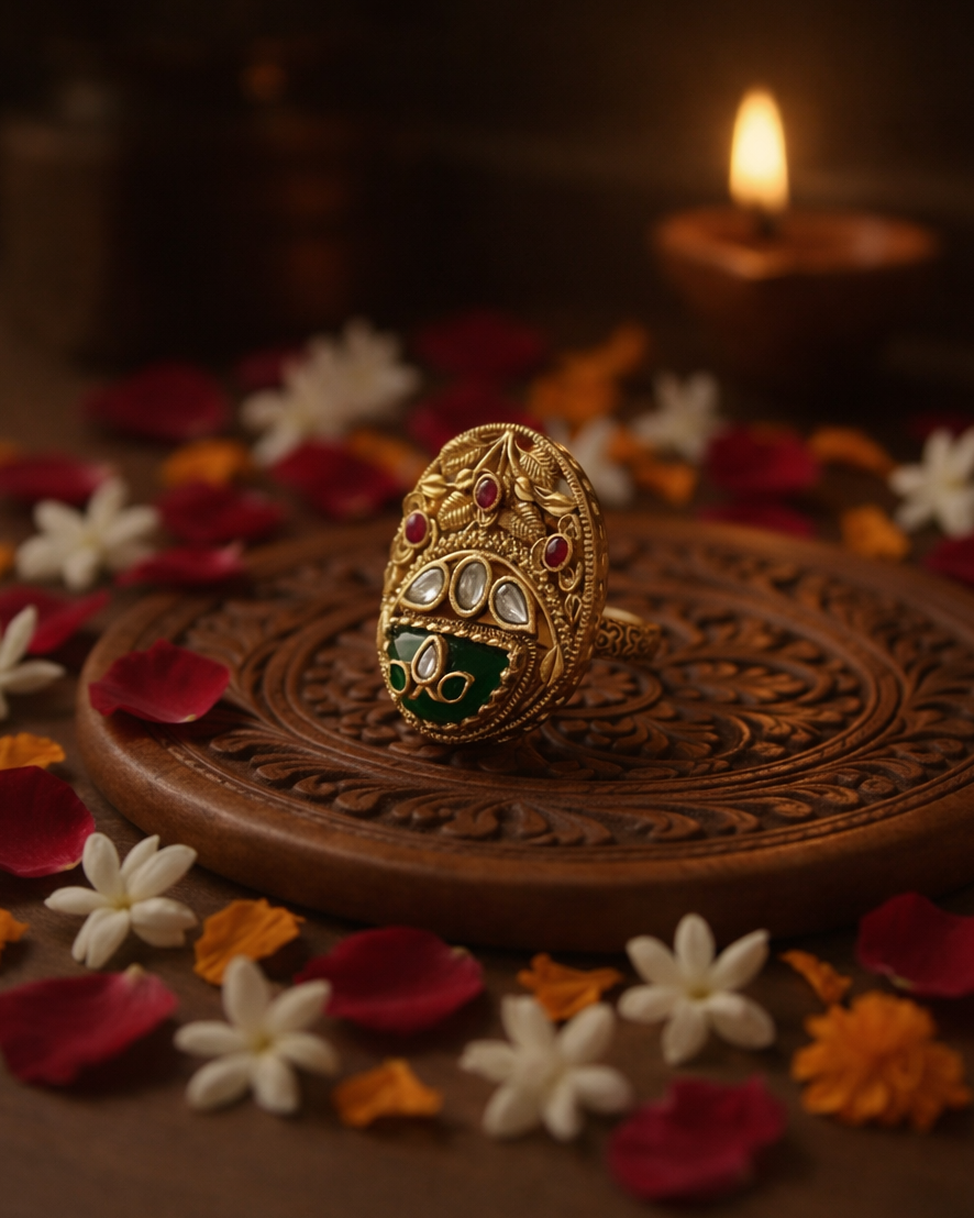Decorative ring with gemstones on a wooden plate surrounded by flowers and a lit candle.