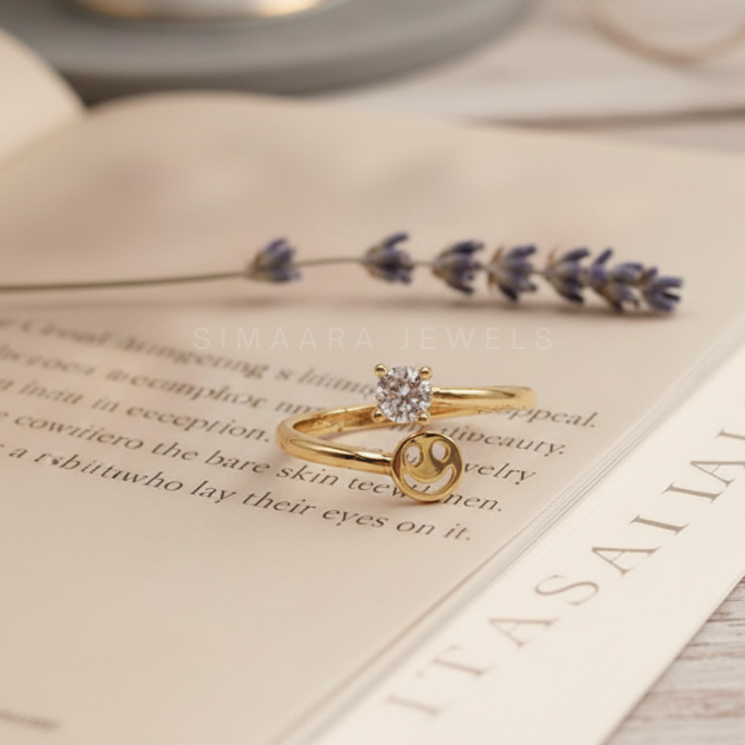 Golden ring with a diamond on an open book with lavender.