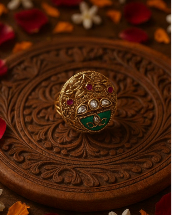 Decorative ring with gemstones on a wooden surface