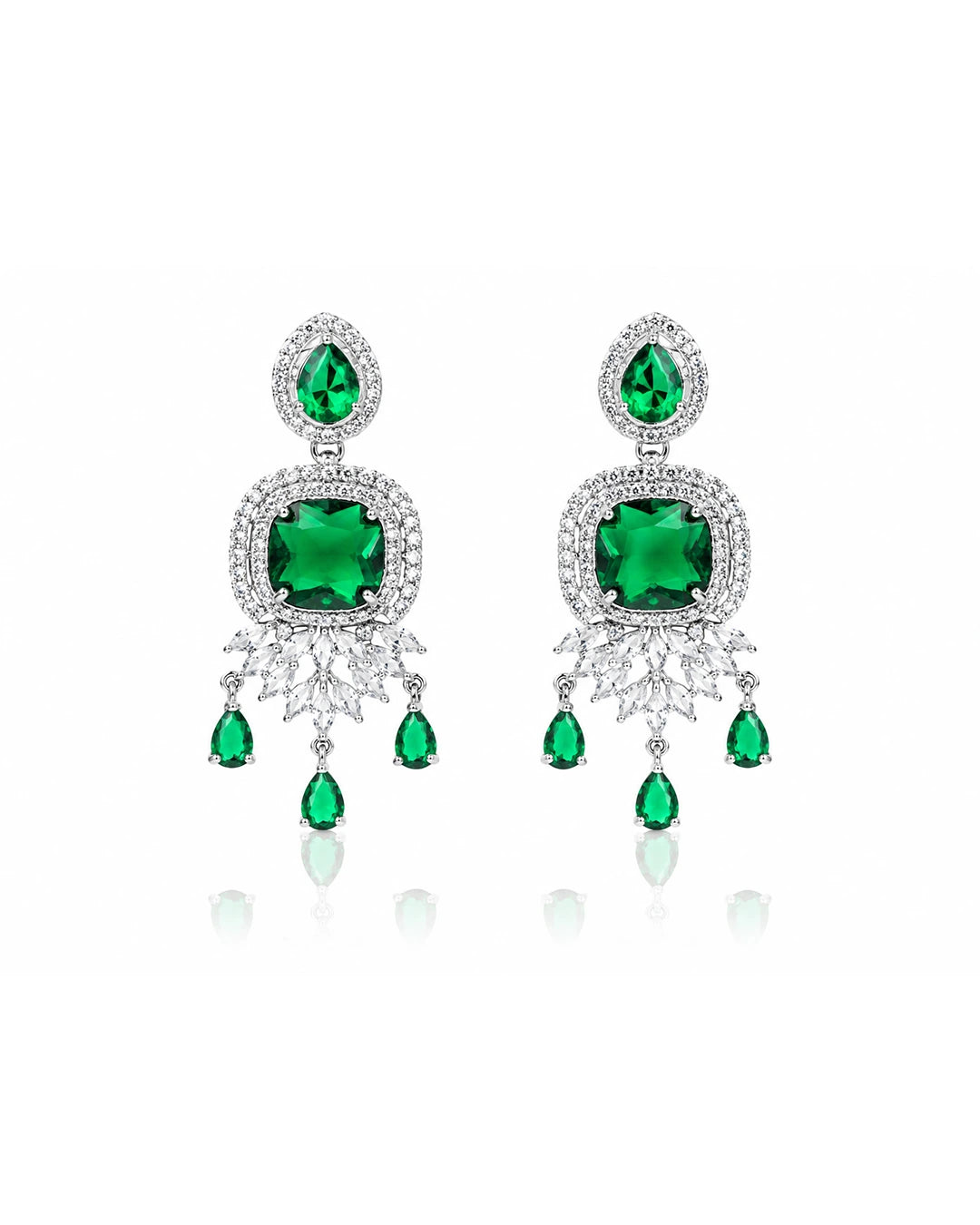 Pair of emerald green gemstone earrings with silver accents on a white background