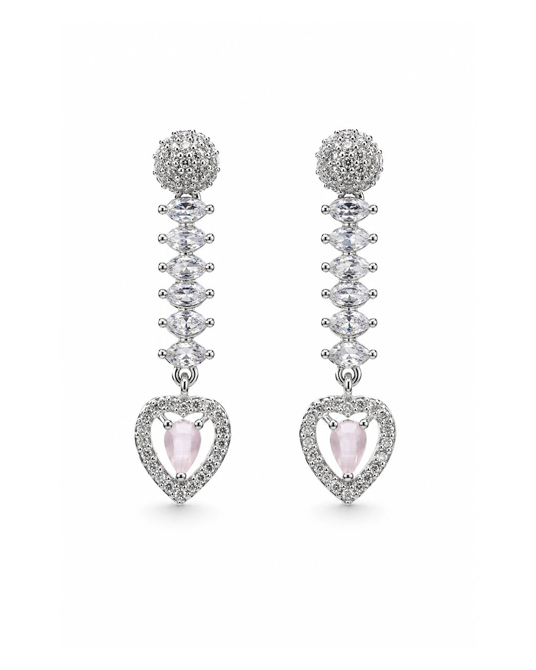 Pair of earrings with heart-shaped pink stones and diamond-like crystals on a white background