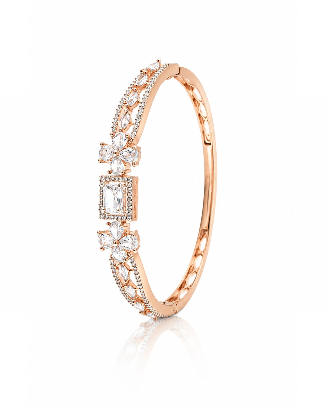 Rose gold bracelet with diamond accents on a white background