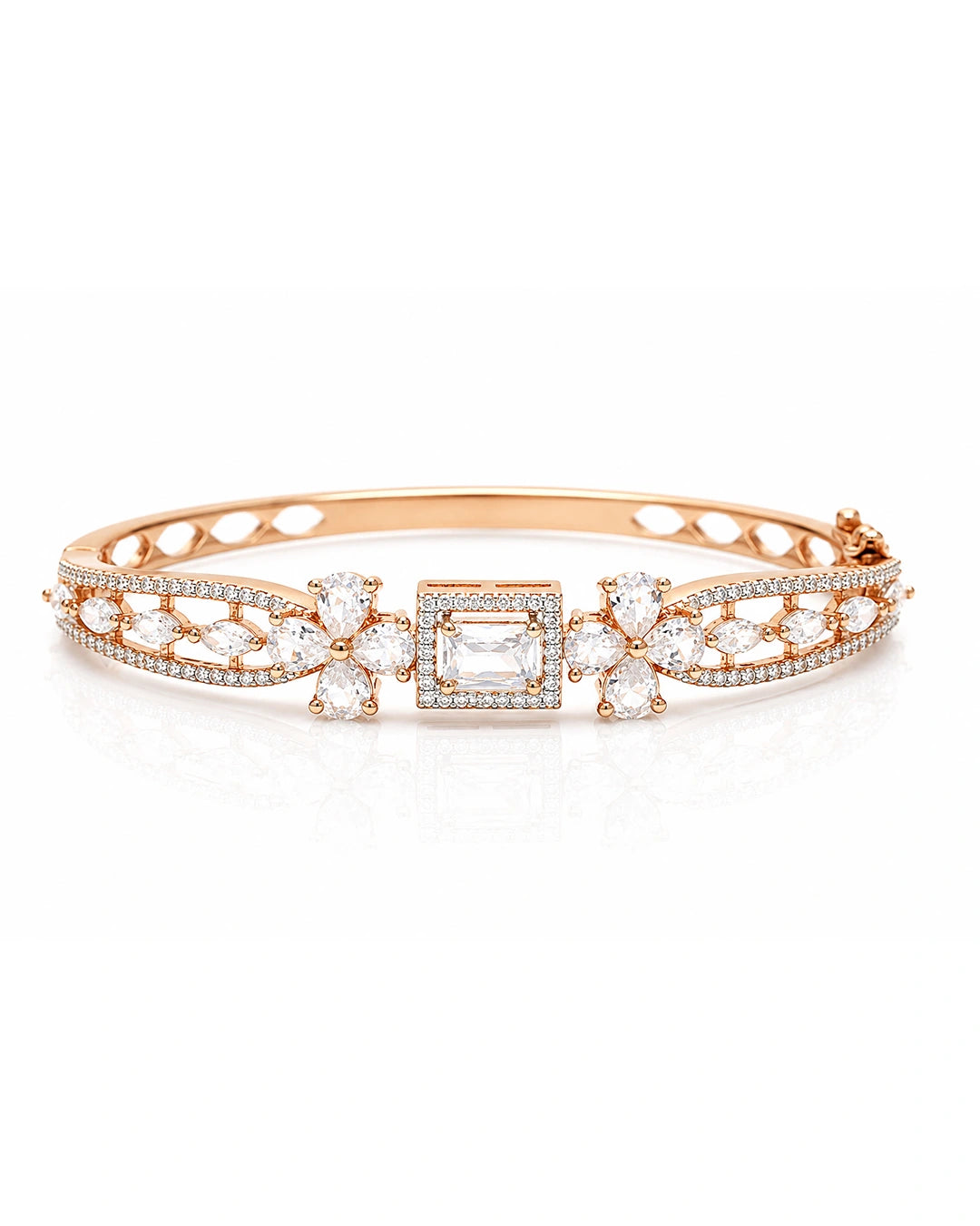 Rose gold bracelet with diamond accents on a white background