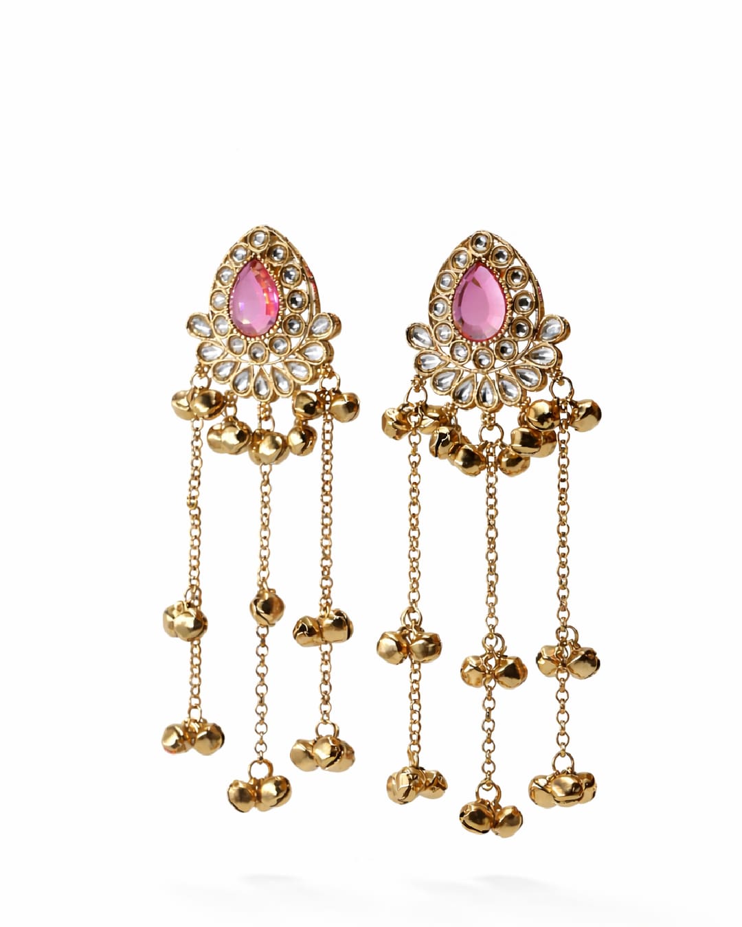 Pair of golden earrings with pink gemstones on a white background