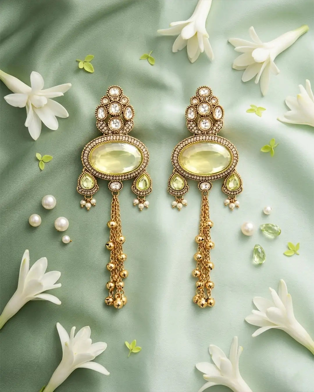 Ornate gold earrings with green gemstones on a light green background with white flowers.