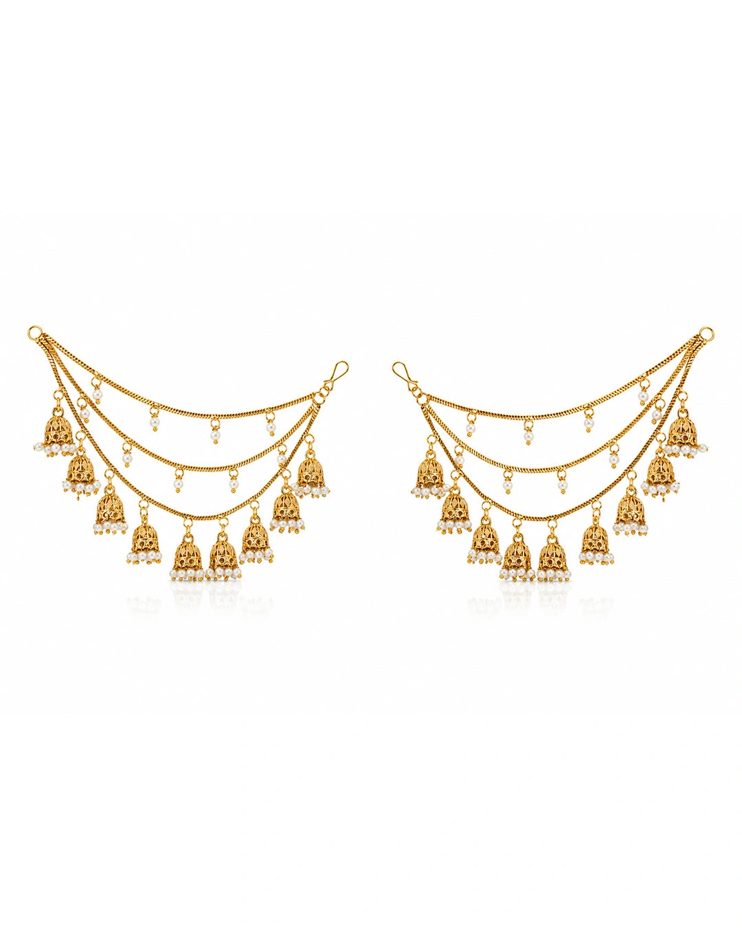 Pair of gold ear chains with hanging charms on a white background