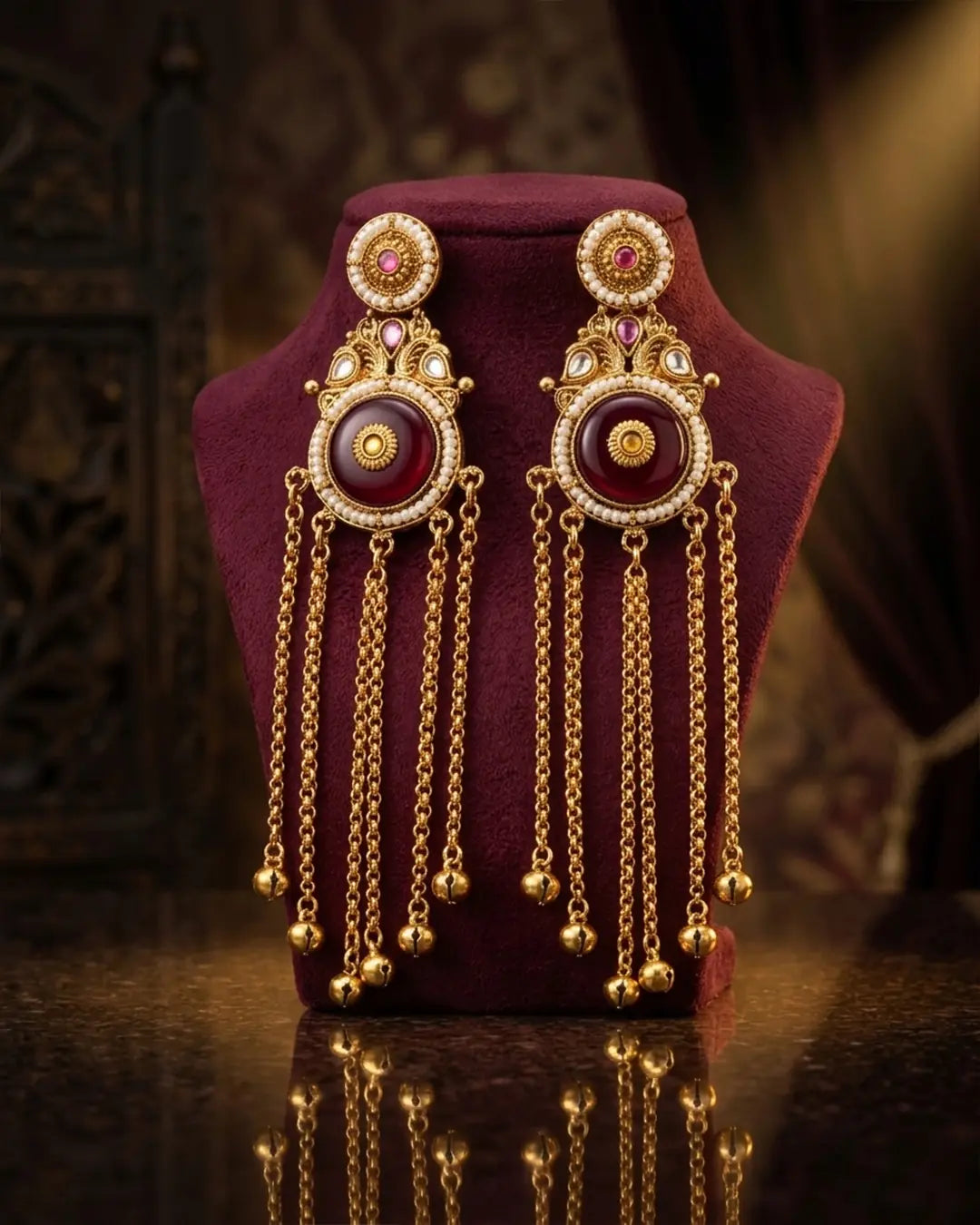 Gold earrings with maroon centers on a dark background