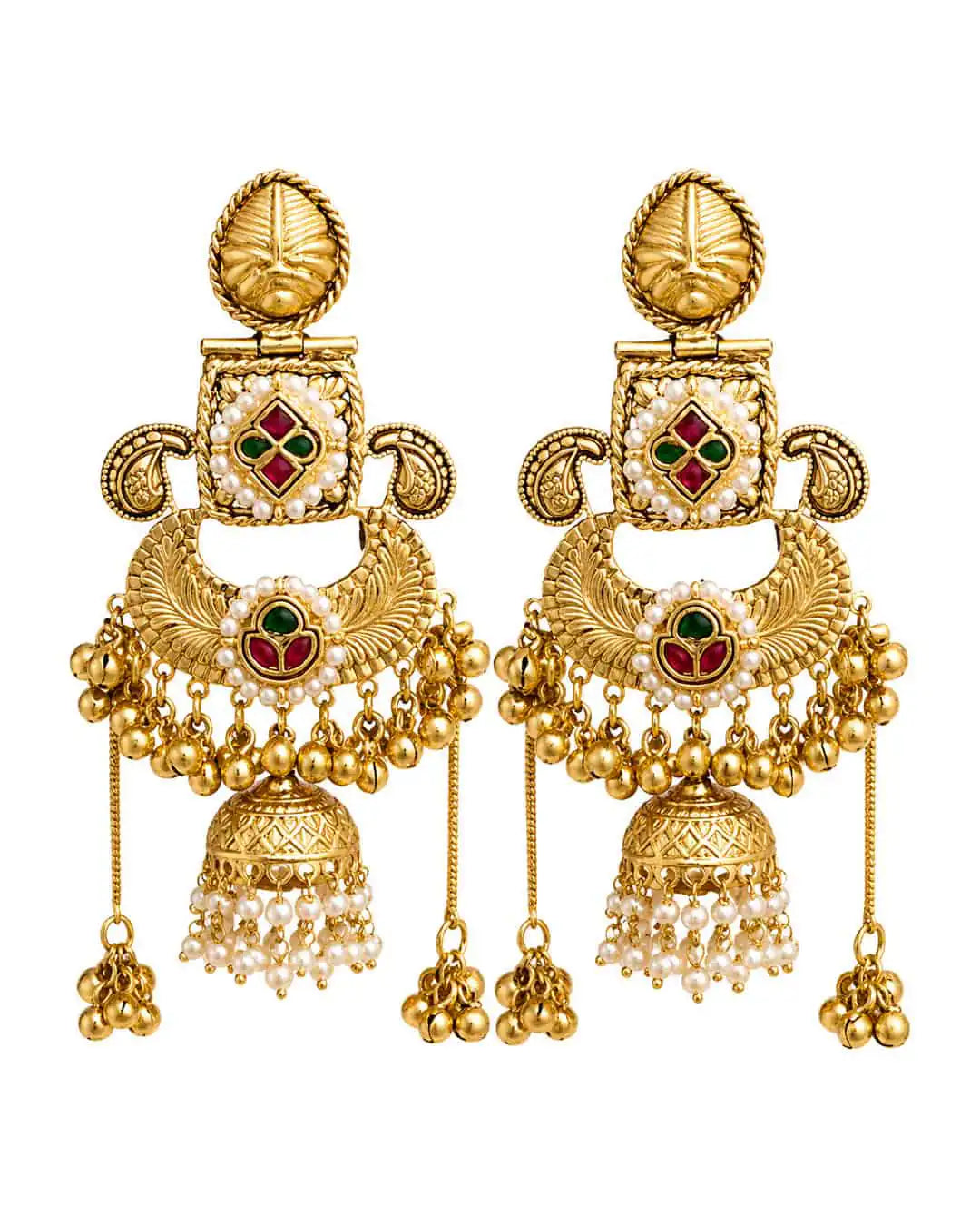 Pair of gold earrings with intricate designs on a white background