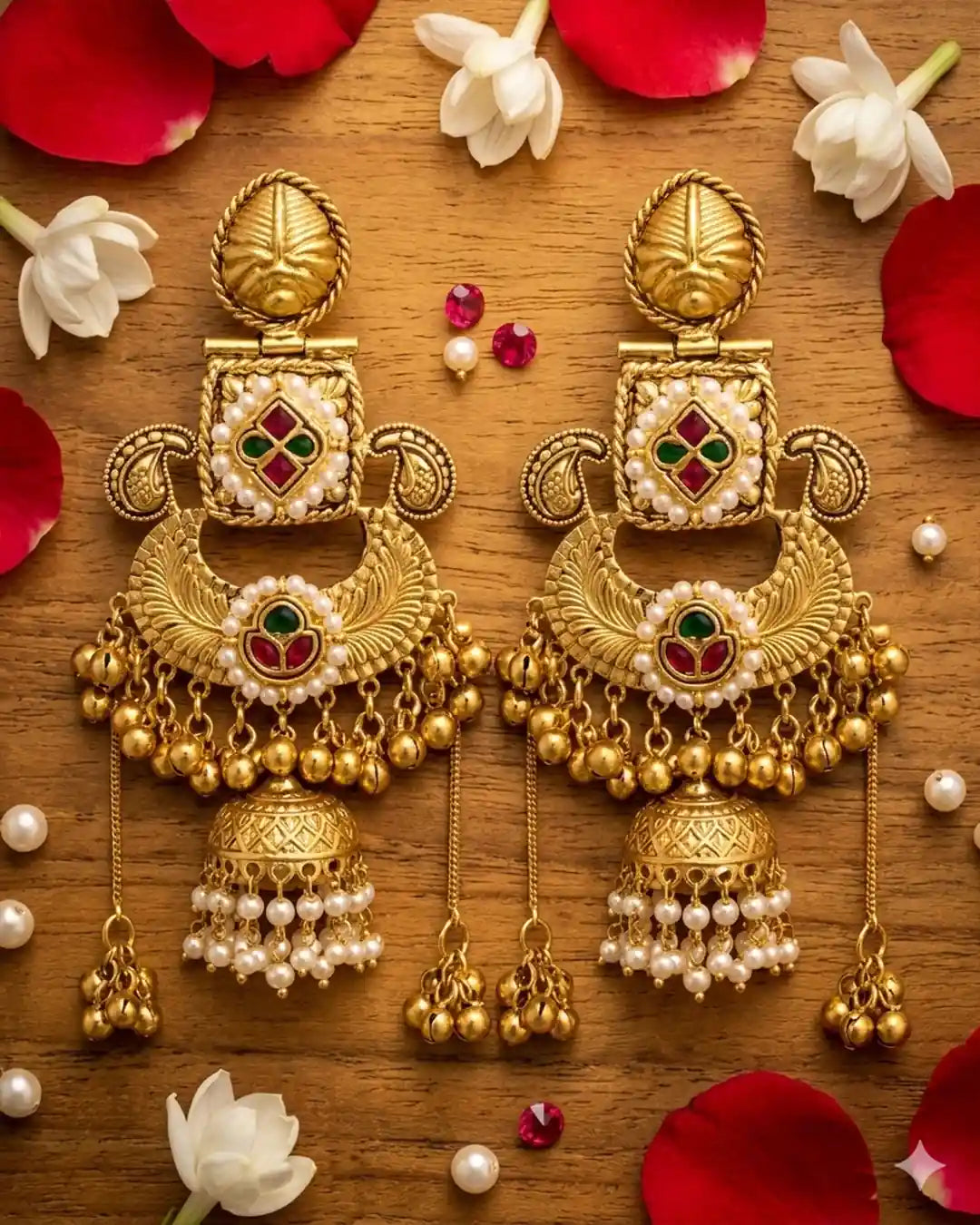 Pair of gold earrings with red and green gemstones on a wooden surface with flowers and petals.