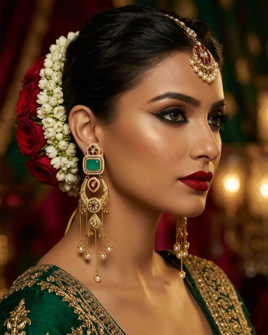 Woman wearing traditional jewelry with a floral headpiece against a blurred background