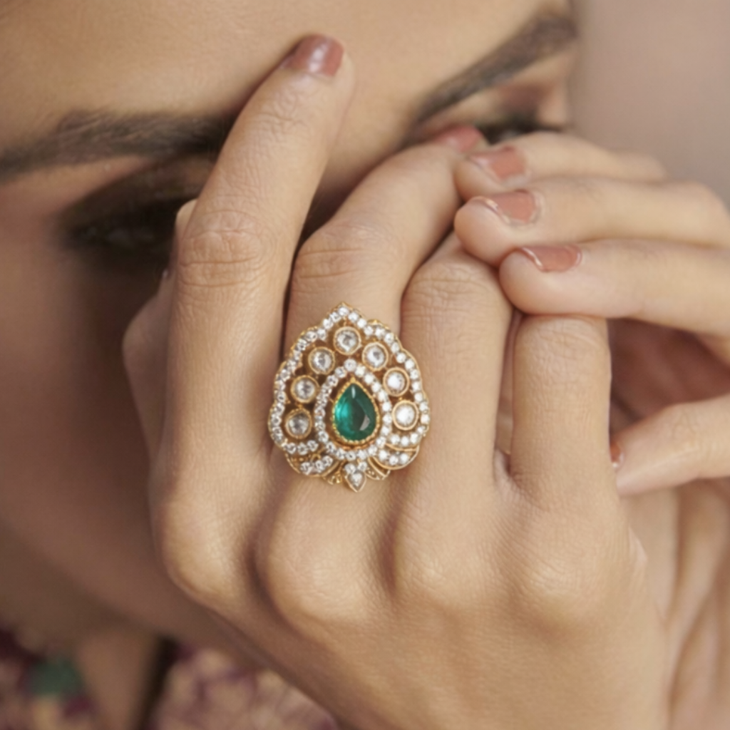 Close-up of a hand wearing an ornate ring with a green gemstone.