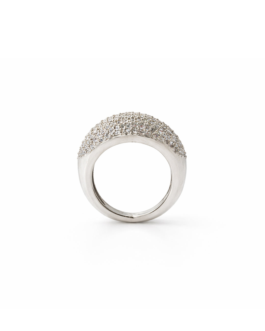 silver sparkle ring in a dome shape on a white background