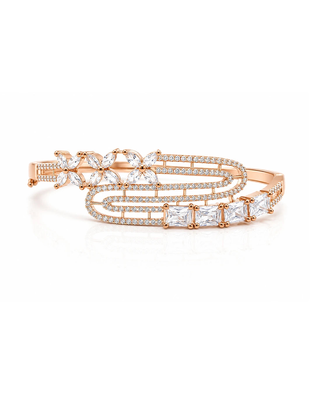 Rose gold bracelet with clear gemstones on a white background