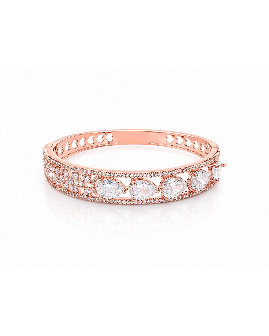 Rose gold bracelet with clear gemstones on a white background