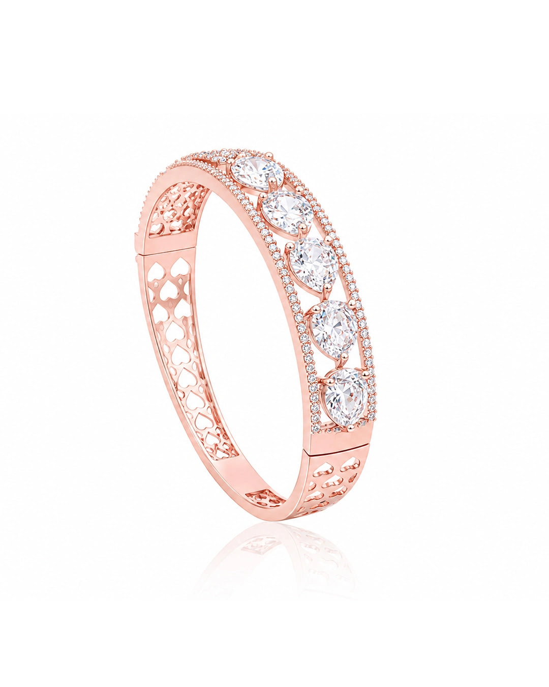 Rose gold bracelet with diamonds on a white background