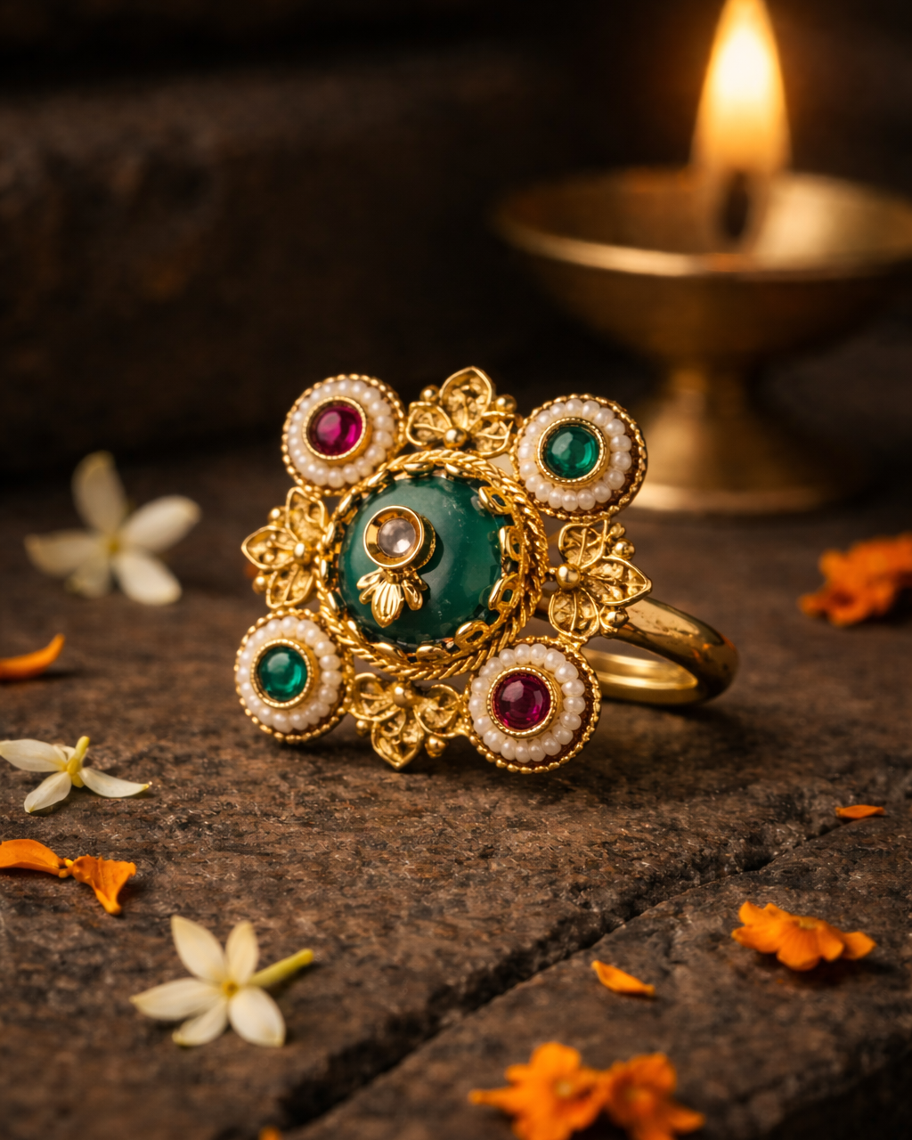Gold ring with green gemstone and red stones on a dark surface with flowers and a candle in the background