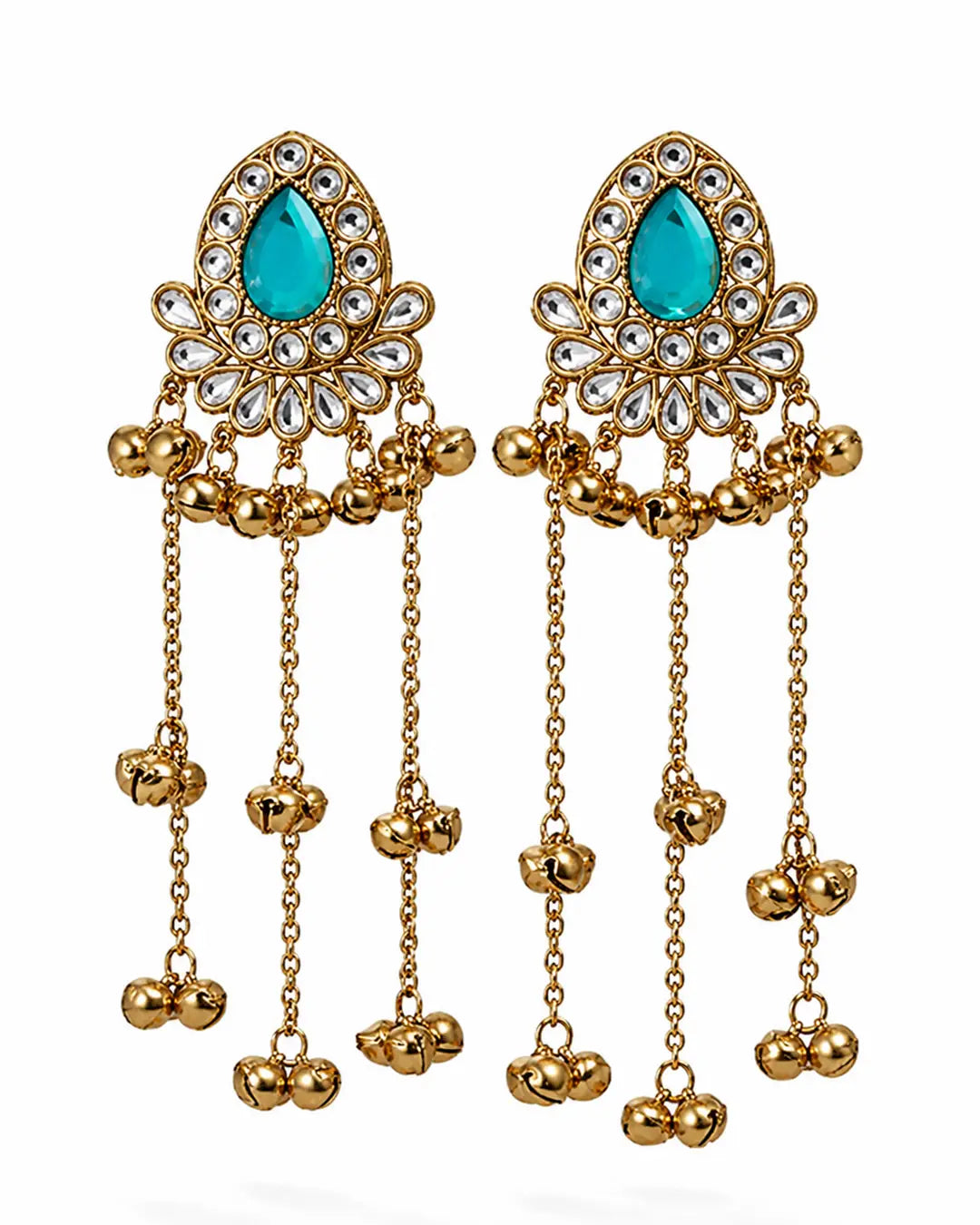 Pair of gold earrings with turquoise stones and dangling beads on a white background